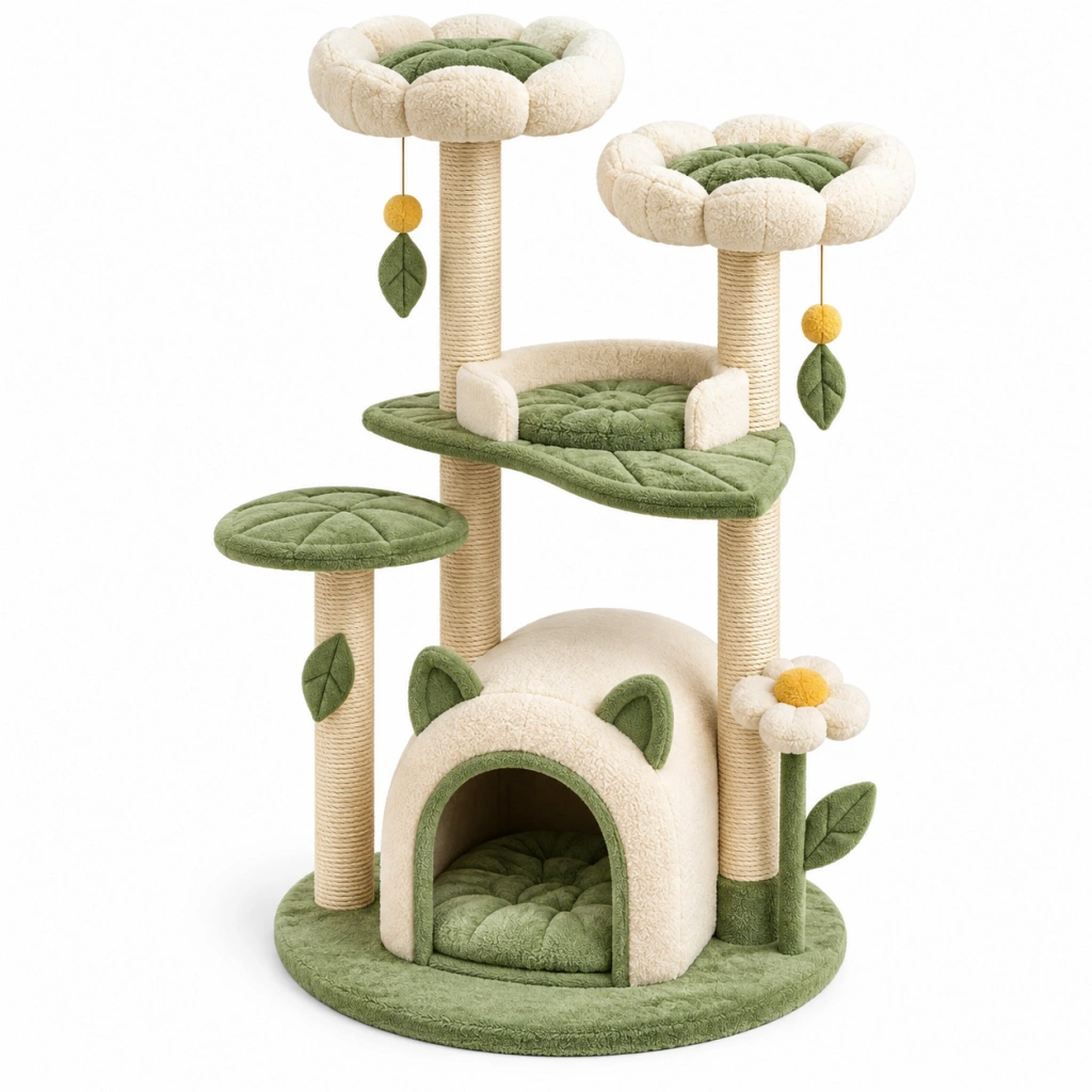 Kratzbaum 60 x 50 x 145 cm aus Plüsch und Sisal in Grün Creme mit Katzenhöhle und Liegeflächen