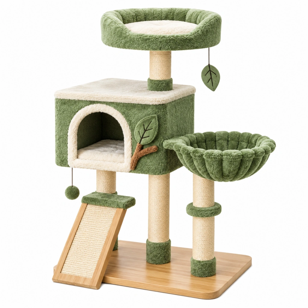 Katzenkratzbaum 60 x 50 x 110 cm aus Holz Sisal und Plüsch in Grün Creme mit Höhle Liegeflächen und Hängematte