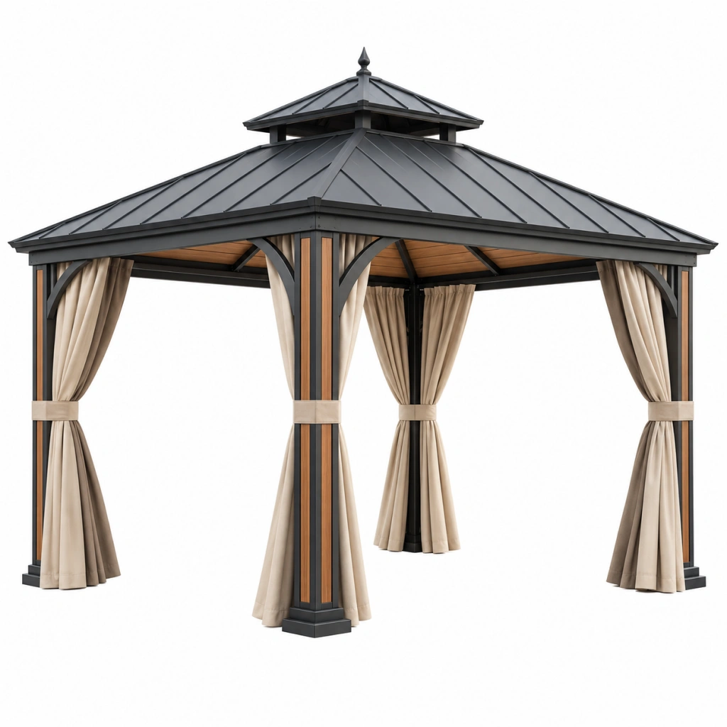 Gartenpavillon 300 x 300 x 300 cm Metall Schwarz Beige mit Vorhängen und Doppeldach