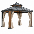 Gartenpavillon 300 x 300 x 300 cm Metall Schwarz Beige mit Vorhängen im klassischen Stil