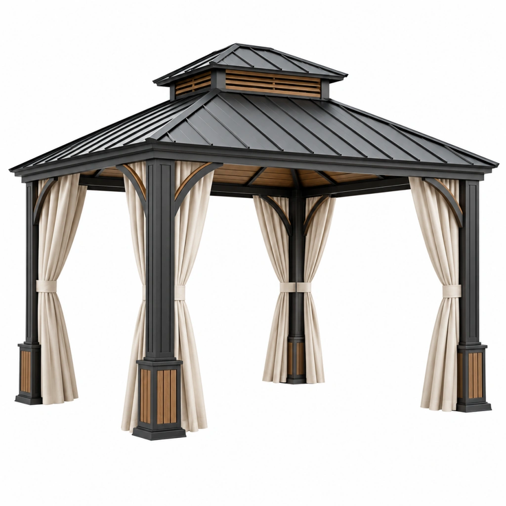 Pavillon 300 x 300 cm aus Stahl Schwarz mit Vorhängen für den Garten im klassischen Stil