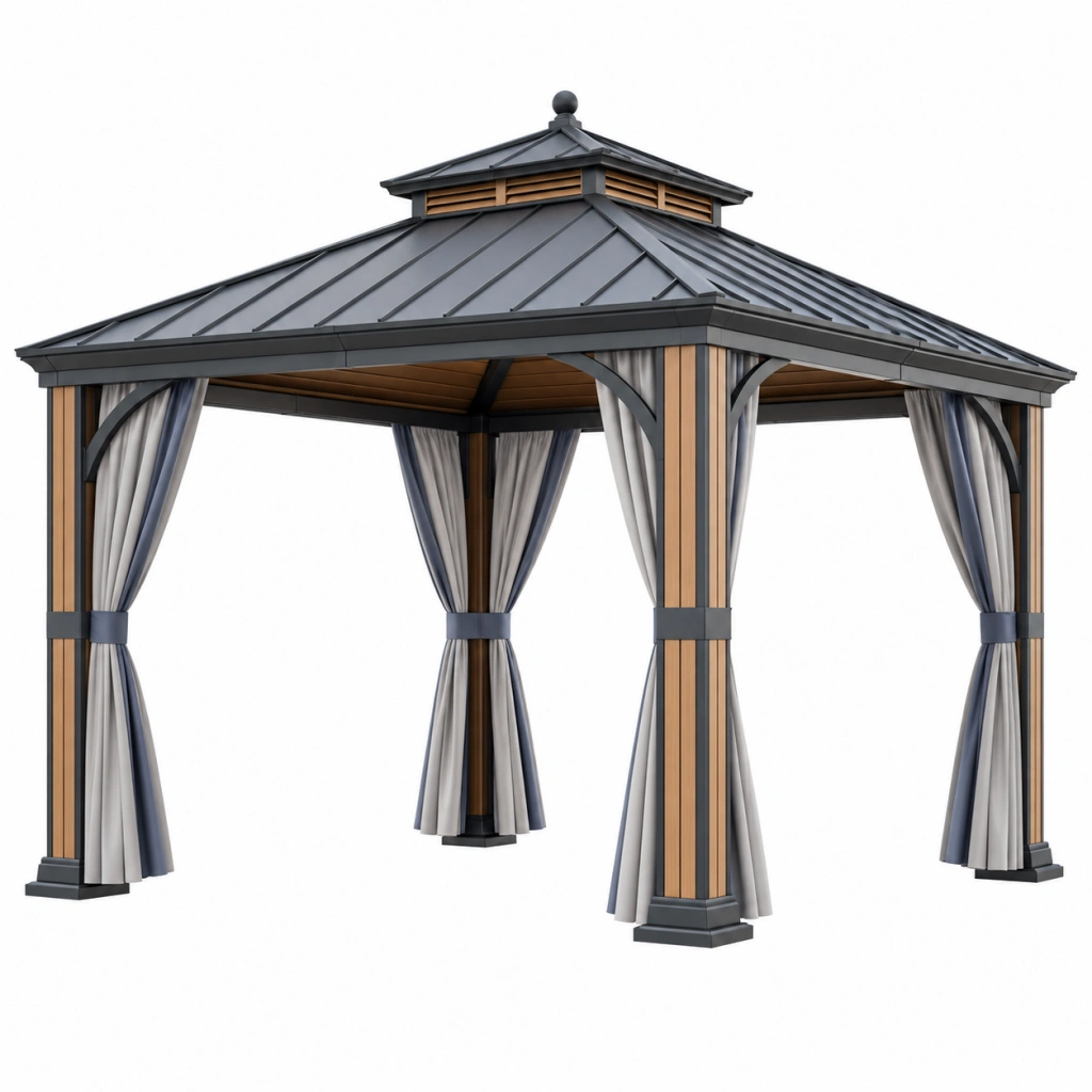 Pavillon 300 x 300 x 300 cm aus Metall und Holzoptik mit Vorhängen für Garten