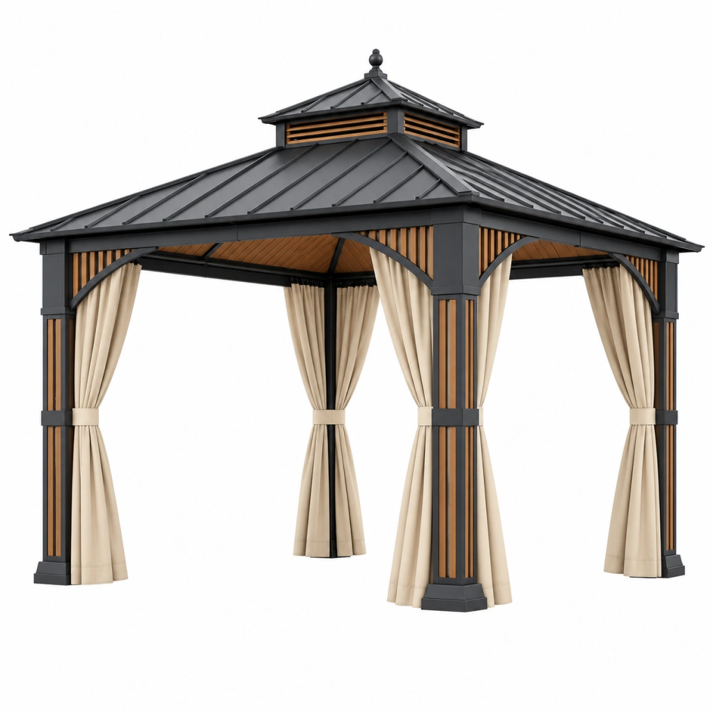 Pavillon 300 x 300 cm aus Metall Schwarz Braun mit Vorhängen - Gartenüberdachung im klassischen Stil