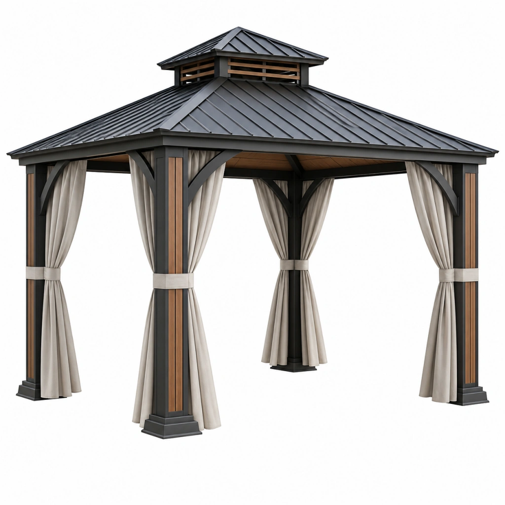 Gartenpavillon 300 x 300 x 300 cm Metall Dunkelgrau mit Vorhängen und Lüftungsdach