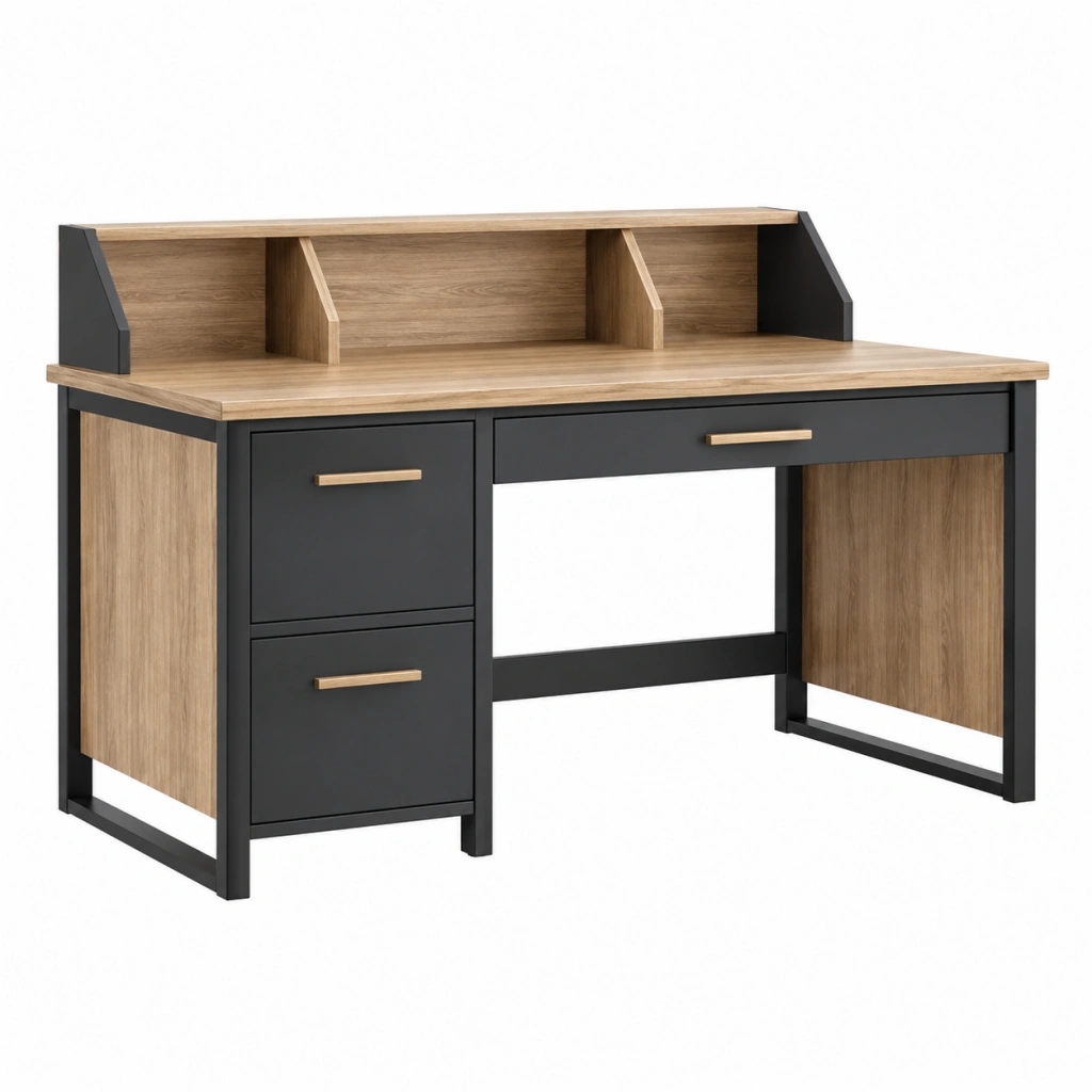 Schreibtisch 120 x 60 x 100 cm Holzoptik Schwarz mit Schubladen und Aufsatz im Industriestil