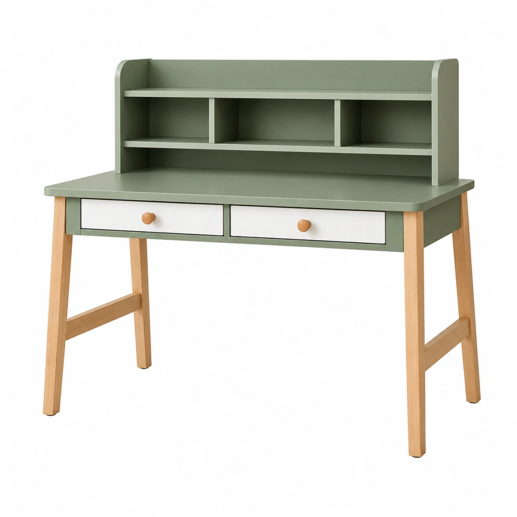 Schreibtisch 100 x 55 x 110 cm aus MDF und Massivholz Grün Weiß Natur mit Ablage und Schubladen im skandinavischen Stil