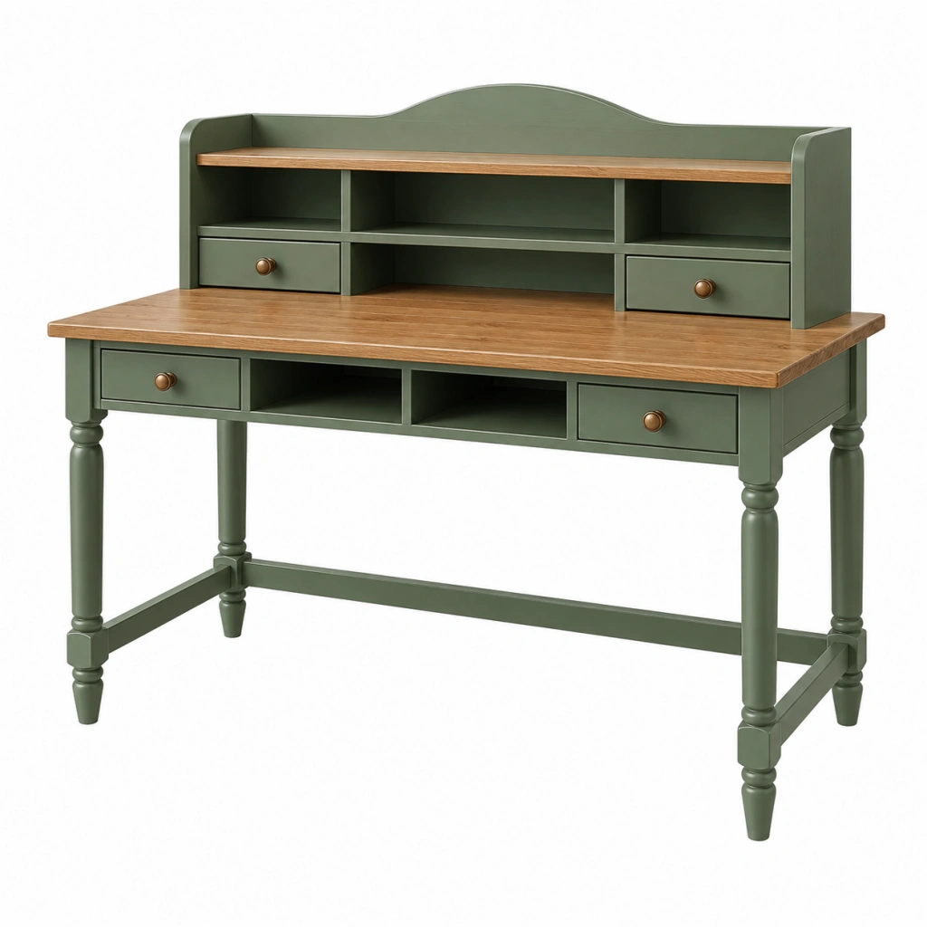 Schreibtisch 120 x 60 x 130 cm aus Holz in Olivgrün und Braun mit Stauraum im Landhausstil