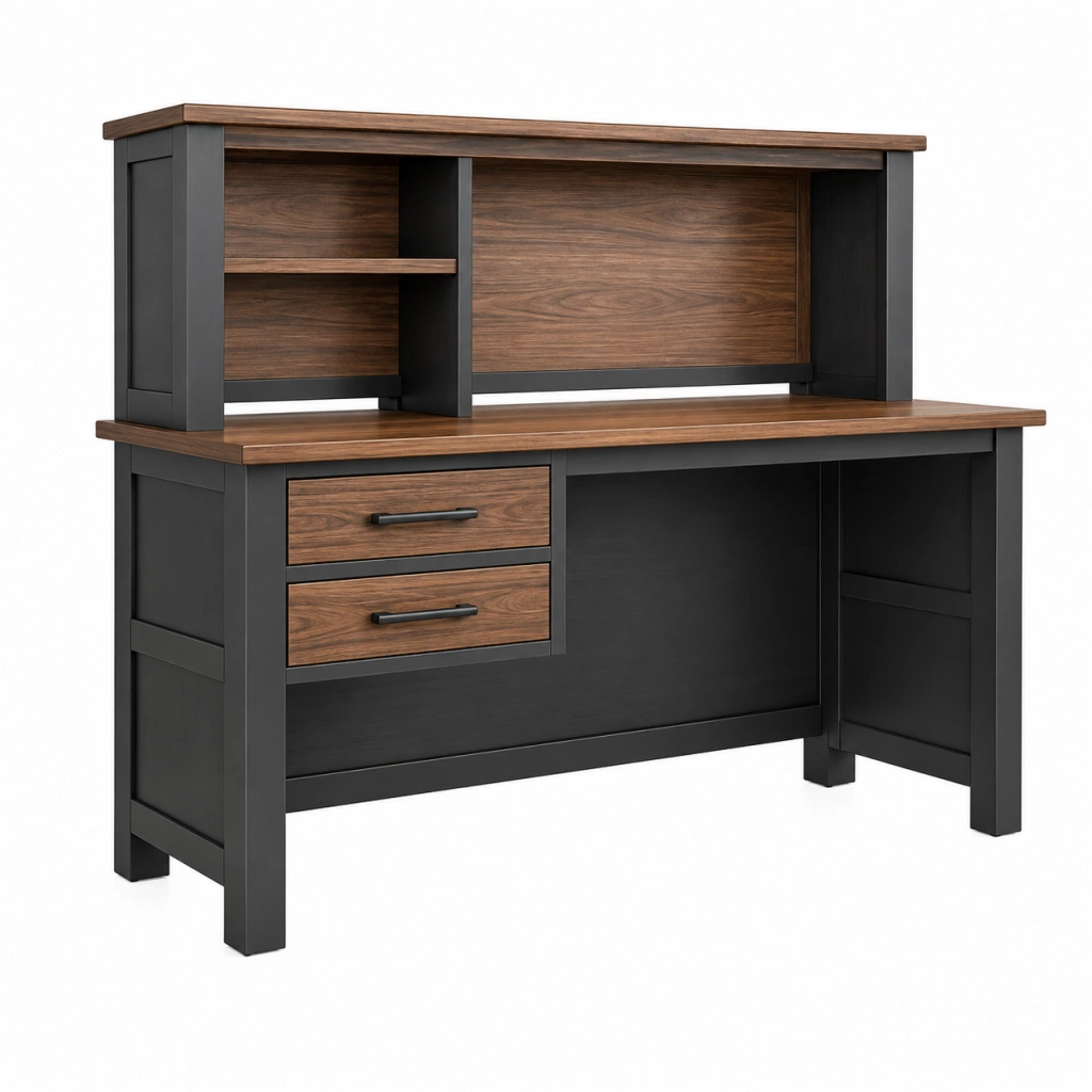 Schreibtisch 120 x 60 x 150 cm Holzwerkstoff Schwarz Walnuss mit Aufsatz und Schubladen
