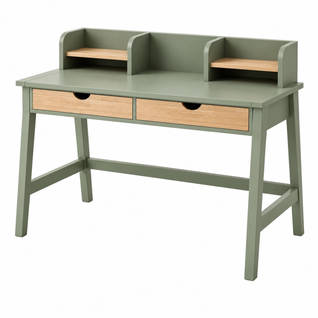 Kinderschreibtisch 120 x 60 x 100 cm aus Holz Grün Natur mit 2 Schubladen und Aufsatz
