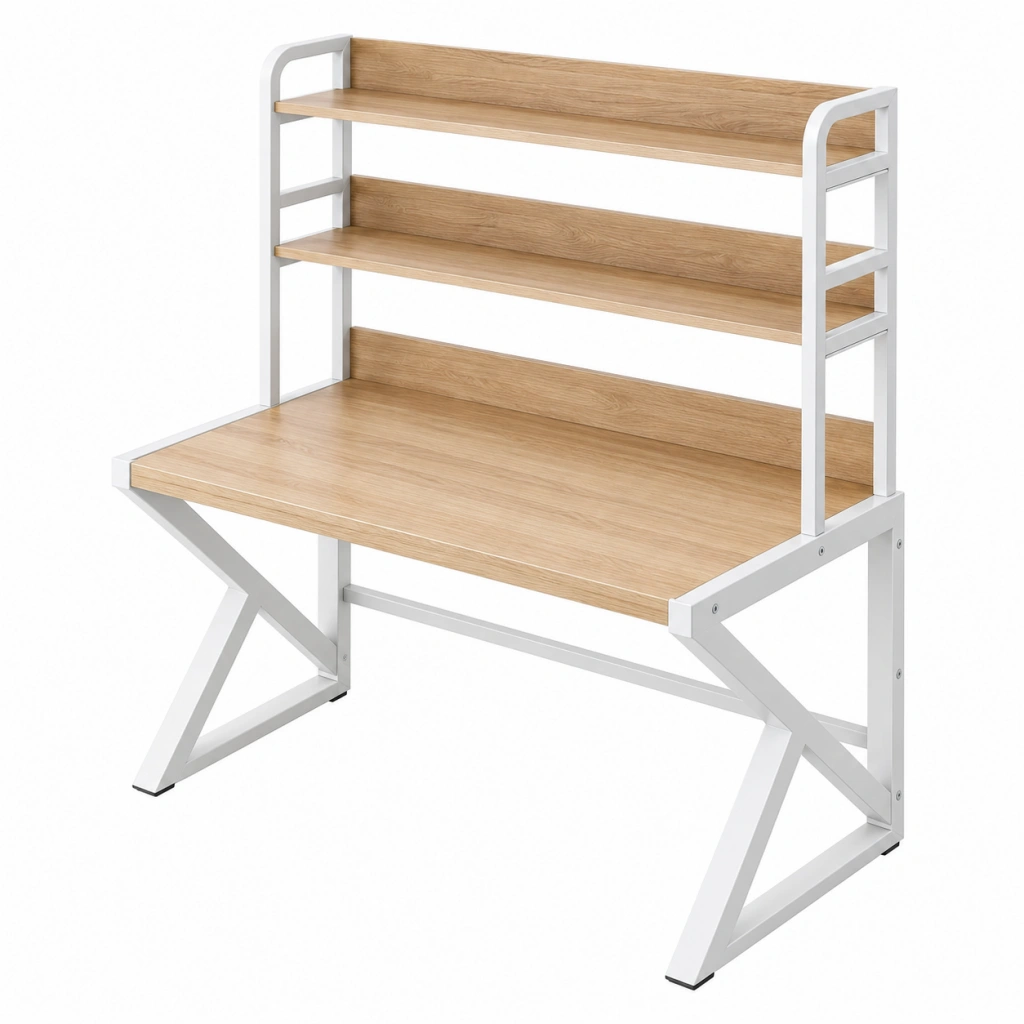 Schreibtisch 120 x 60 x 120 cm Holzoptik Weiß mit Regal Industriestil