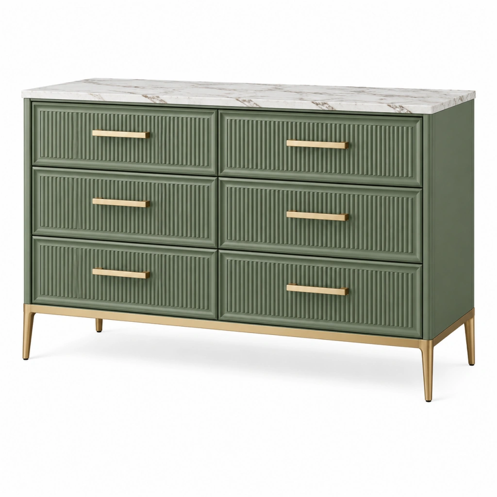 Kommode 140 cm Grün Holzwerkstoff mit Marmoroptik 6 Schubladen geriffelte Front