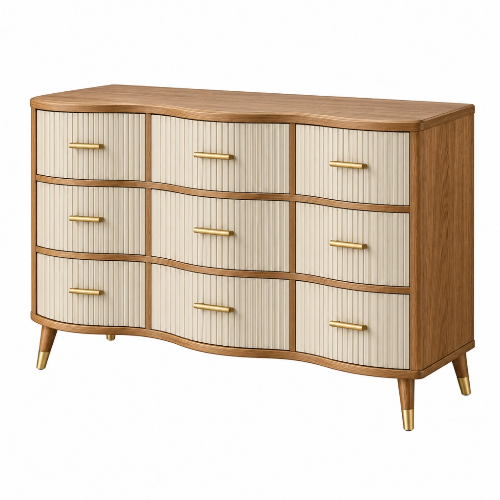 Kommode 160 x 45 x 90 cm Holzwerkstoff Braun Creme mit 9 Schubladen im Retro Stil