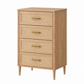 Kommode 80 x 40 x 110 cm Holz Natur mit Rattangeflecht und 4 Schubladen Retro-Stil