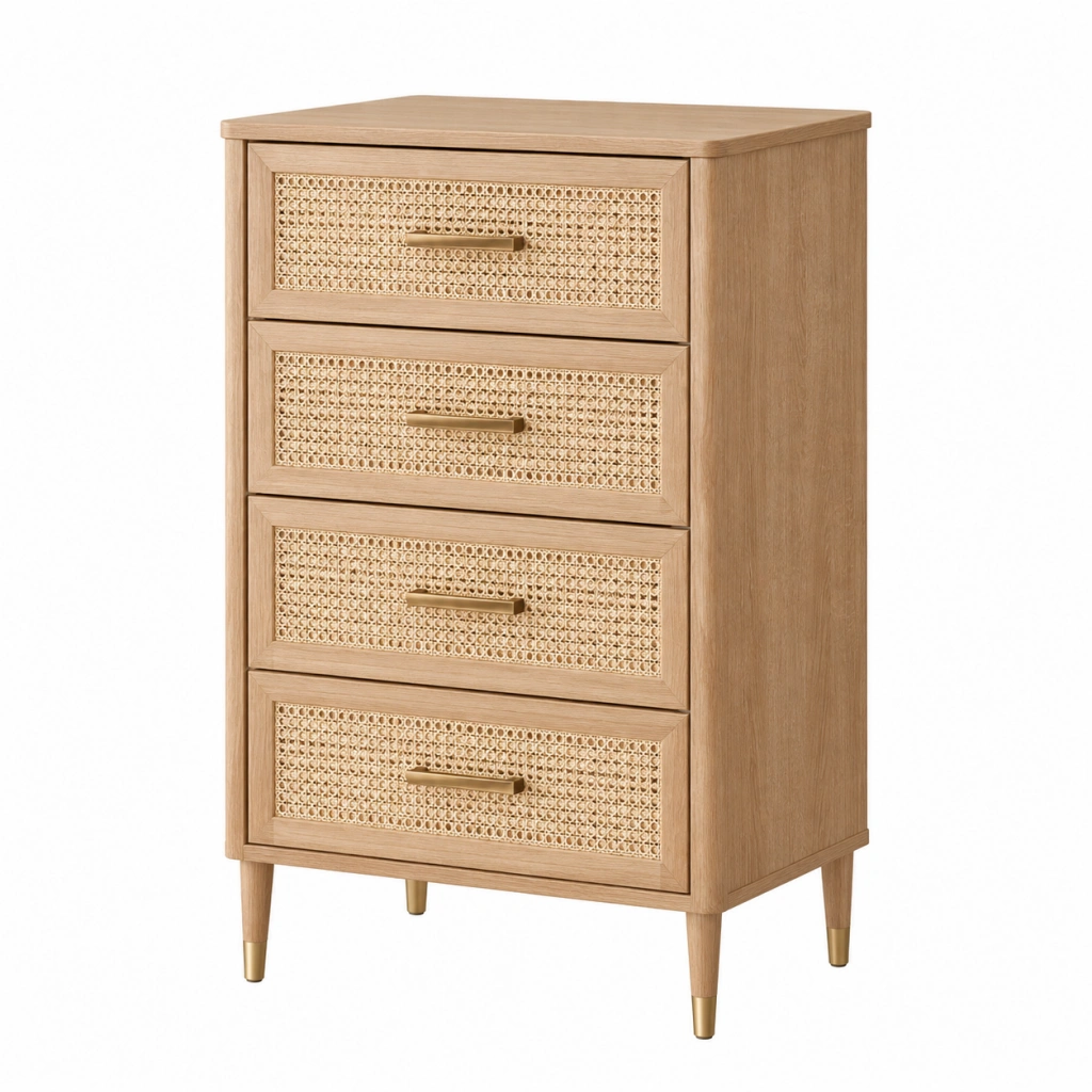 Kommode 80 x 40 x 110 cm Holz Natur mit Rattangeflecht und 4 Schubladen Retro-Stil