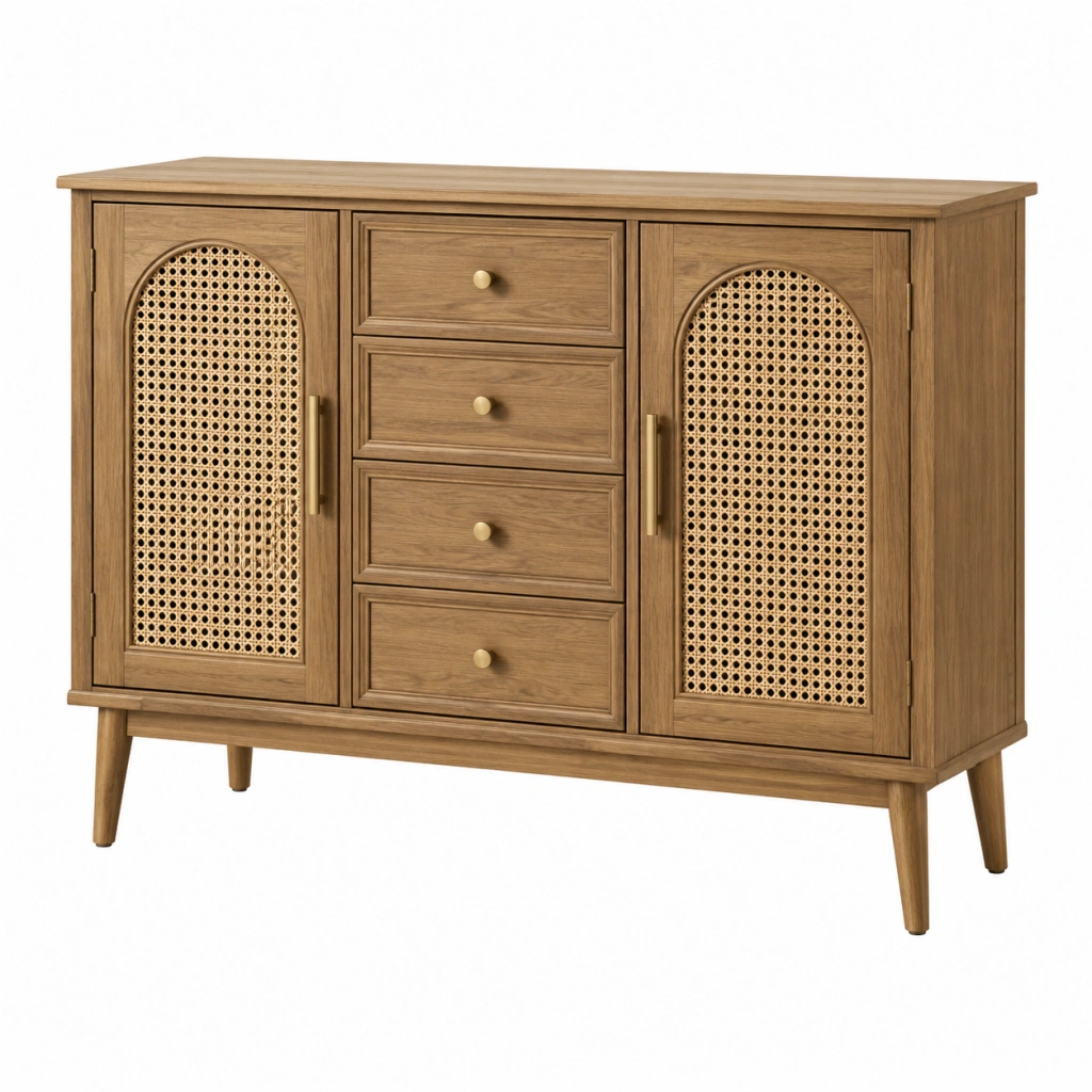 Sideboard 120 x 40 x 85 cm aus Holz in Natur mit Rattangeflecht im Boho-Stil