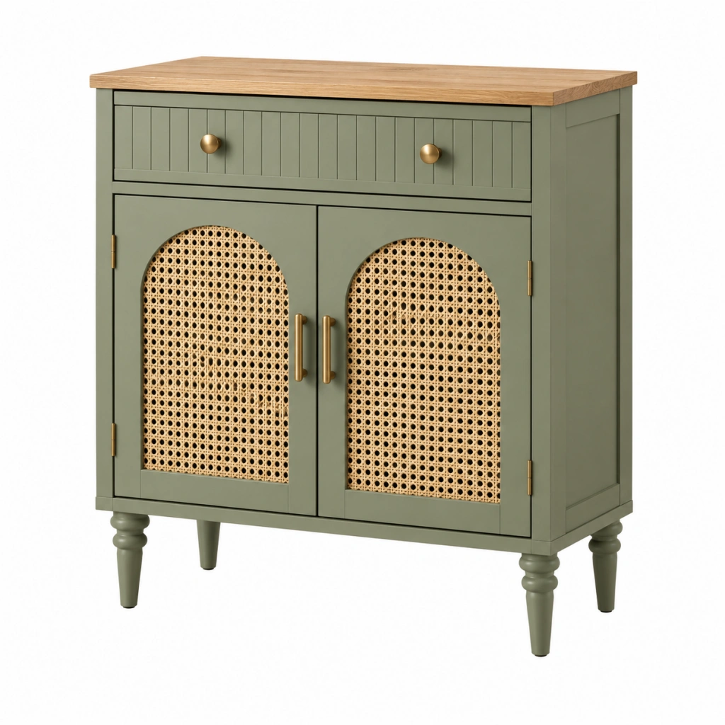 Sideboard 90 x 40 x 90 cm aus Holzwerkstoff in Salbeigrün mit Rattanfronten - Stauraummöbel im Landhausstil