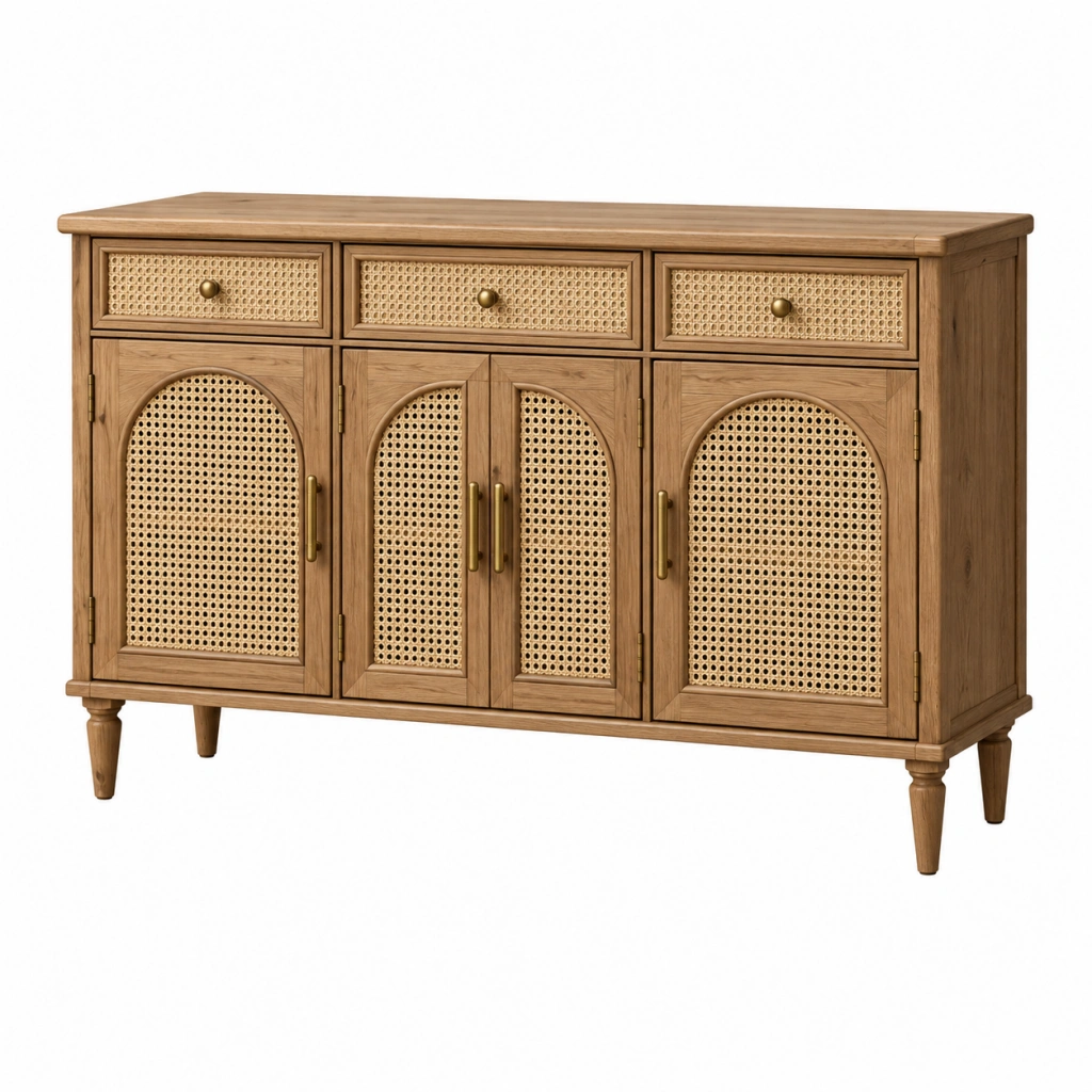 Sideboard 160 x 40 x 90 cm aus Holz in Natur mit Rattangeflecht - Stauraummöbel im Landhausstil