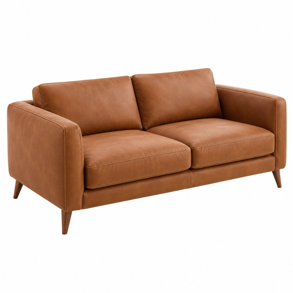 2-Sitzer Sofa 180 cm Kunstleder Cognacbraun mit Holzfüßen im Mid-Century-Stil