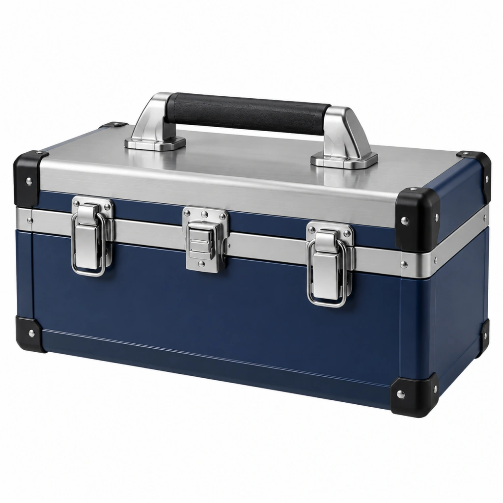 Werkzeugkoffer 45 x 25 x 25 cm aus Aluminium Blau Silber mit Tragegriff und Verschlüssen